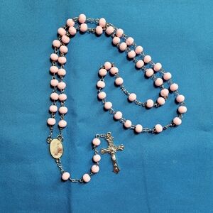 Vintage Pink Beaded Baptism Crucifix Cross Rosary Necklace